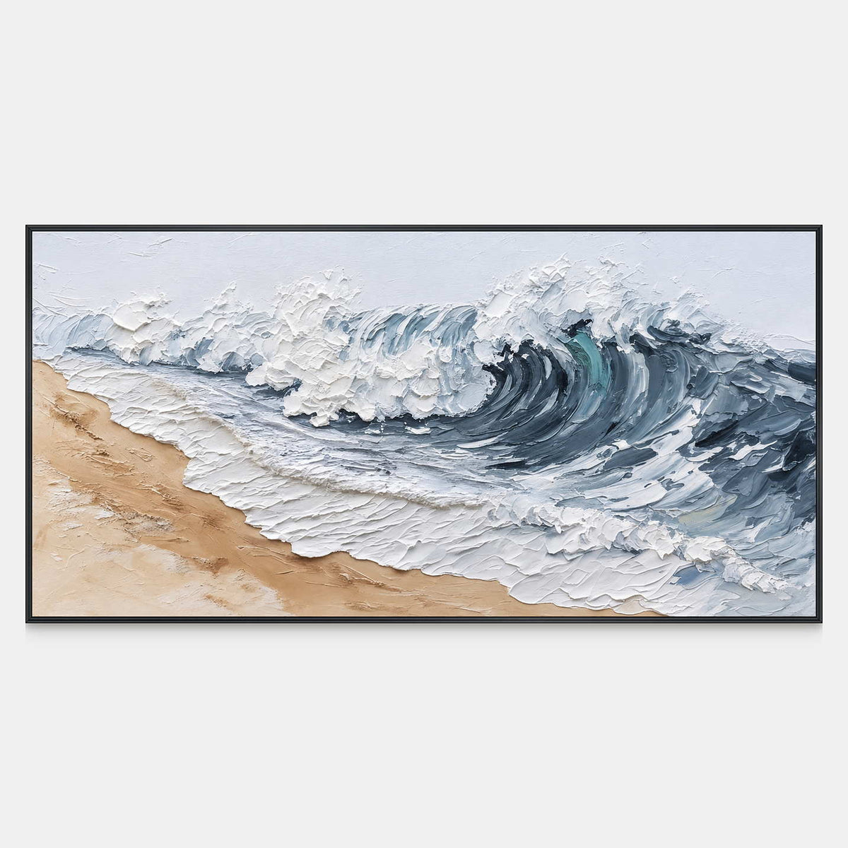 Front view of A Letter from the Waves, with curling blue-gray breakers spreading thick white foam over a sandy shore.