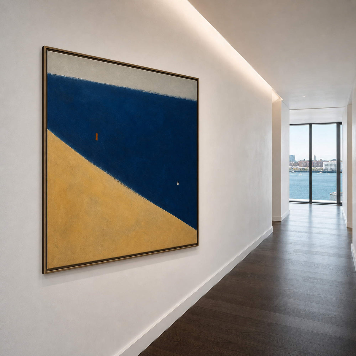 Square blue wall art along a Boston waterfront gallery hallway