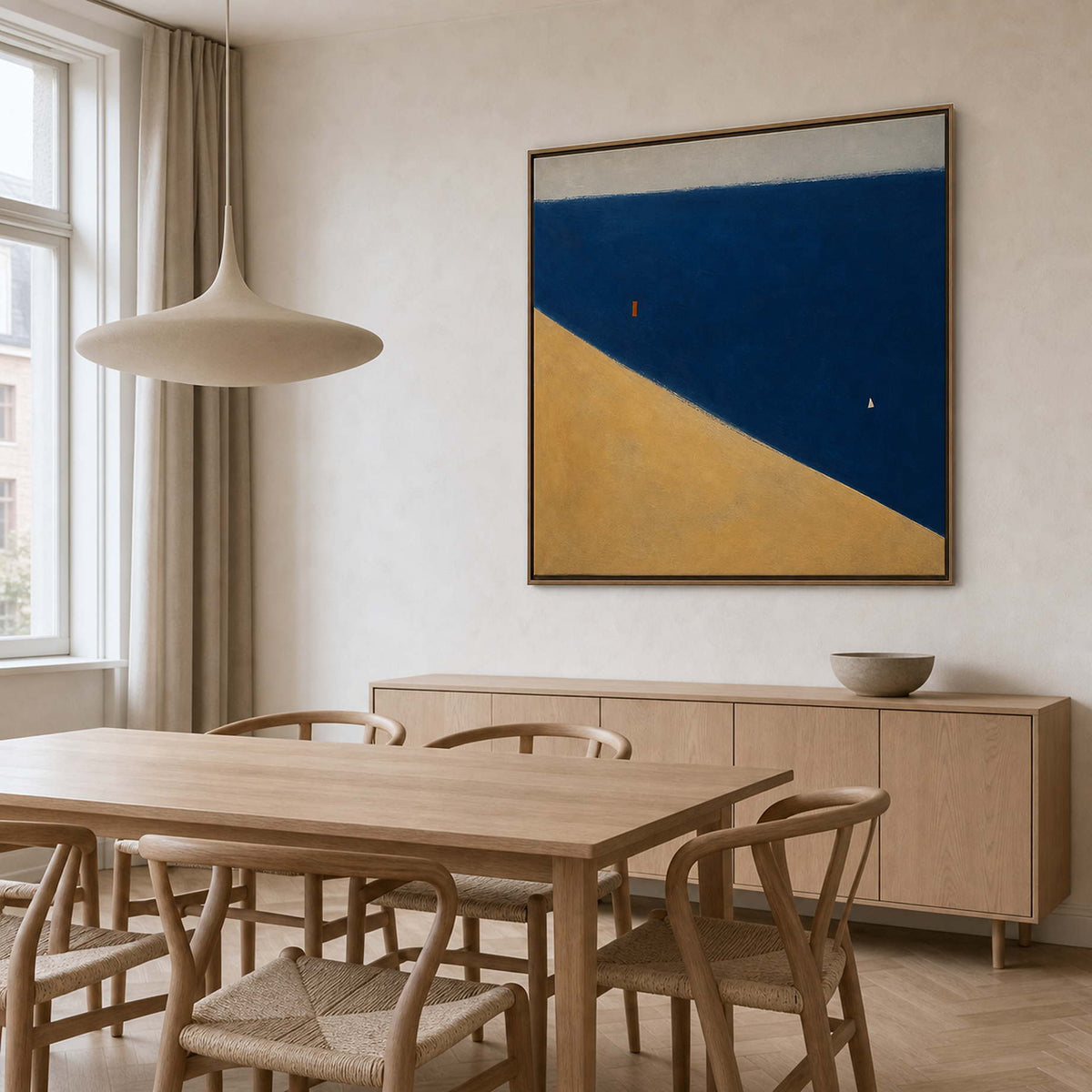 Blue geometric wall art in a Copenhagen modern dining room