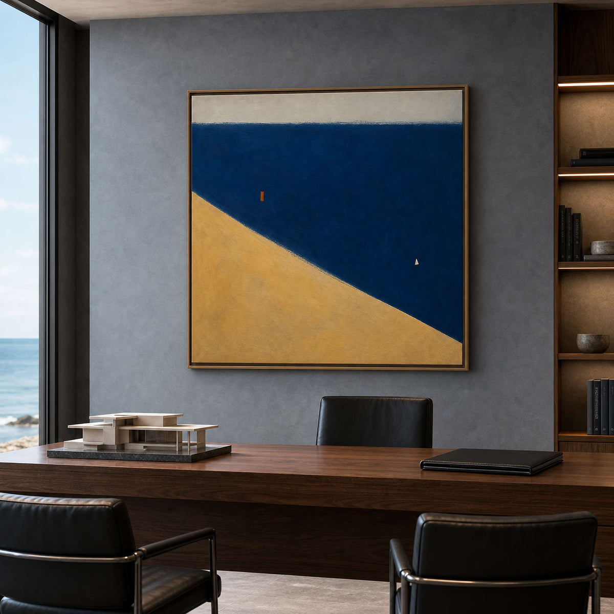 Geometric abstract artwork in a dark oceanfront executive office