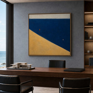 Geometric abstract artwork in a dark oceanfront executive office