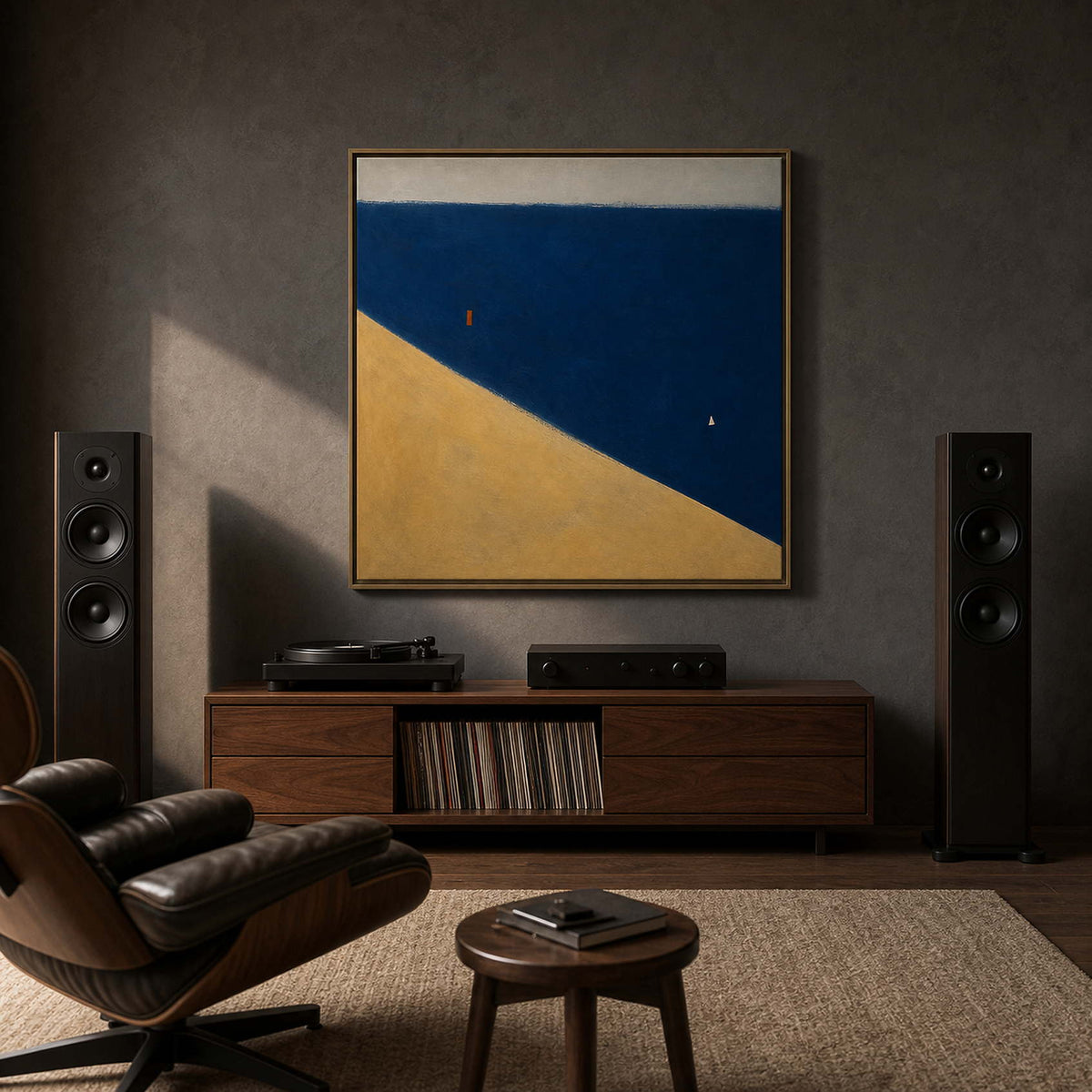 Modern geometric artwork in a private music listening lounge