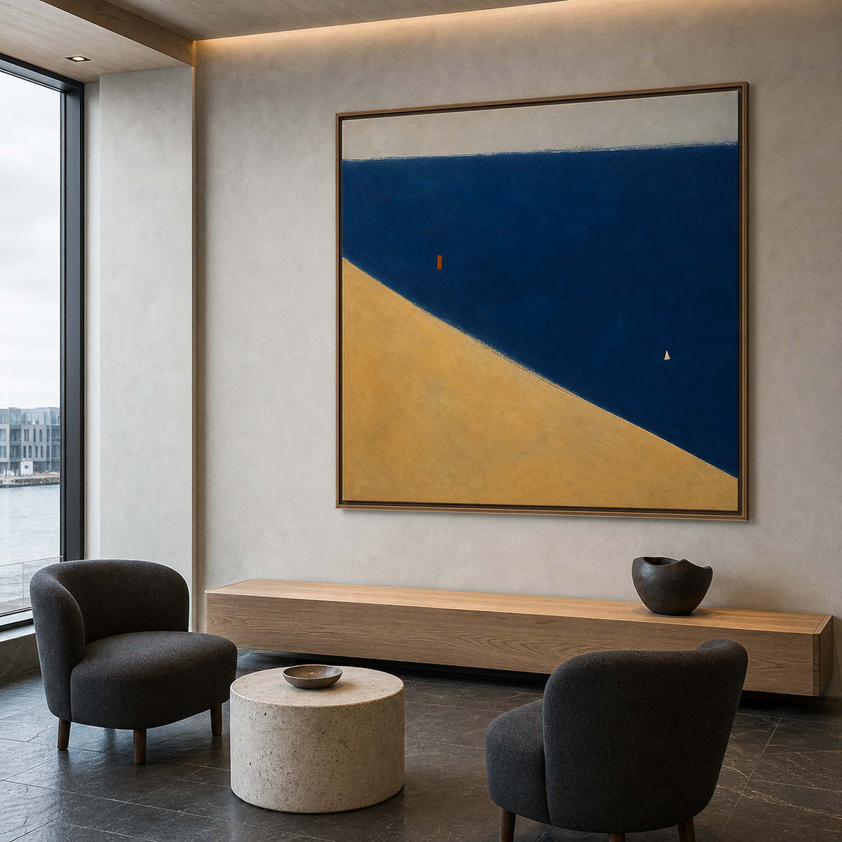 Geometric blue wall art in a Reykjavik harbor hotel lobby