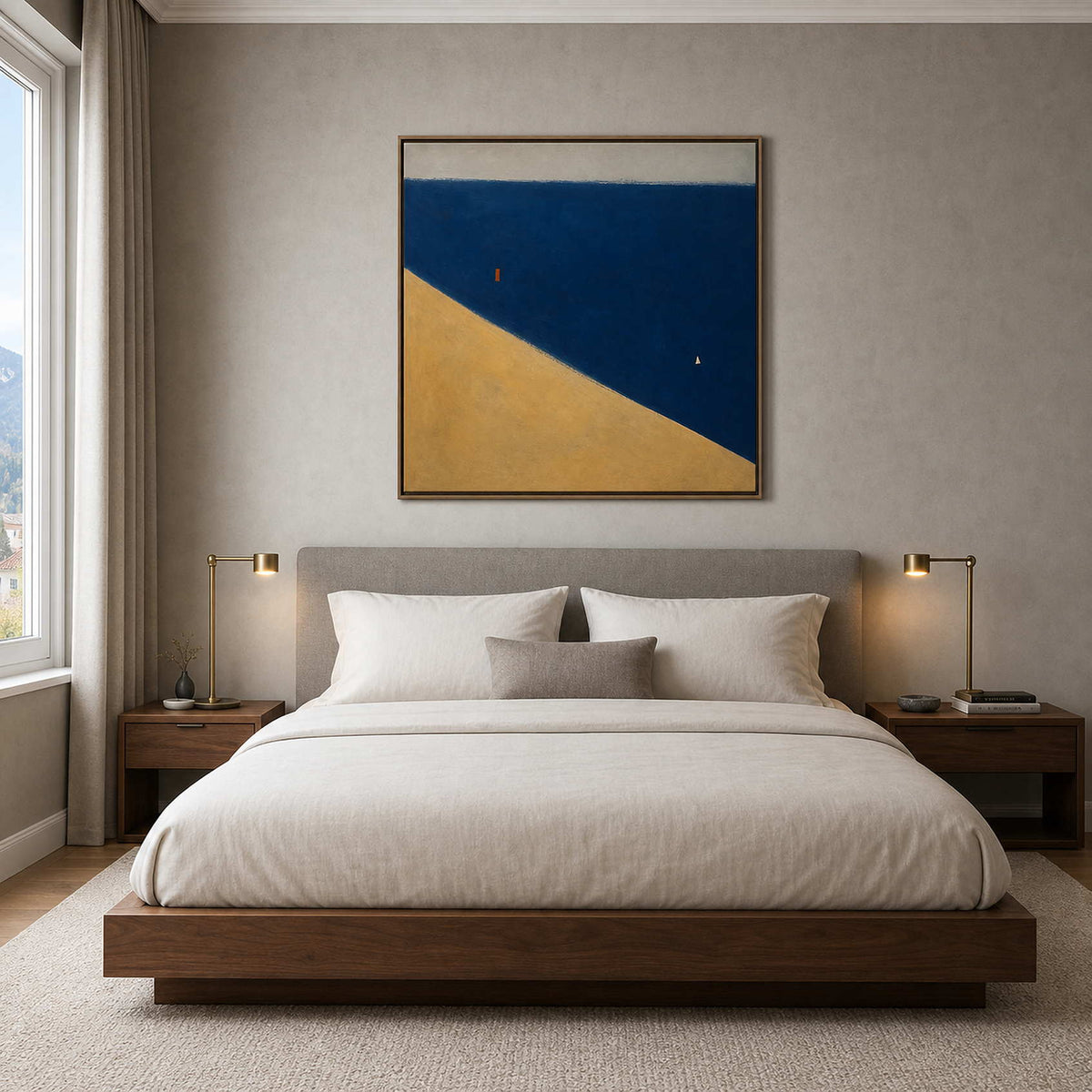 Minimalist geometric artwork above a quiet Zurich master bed