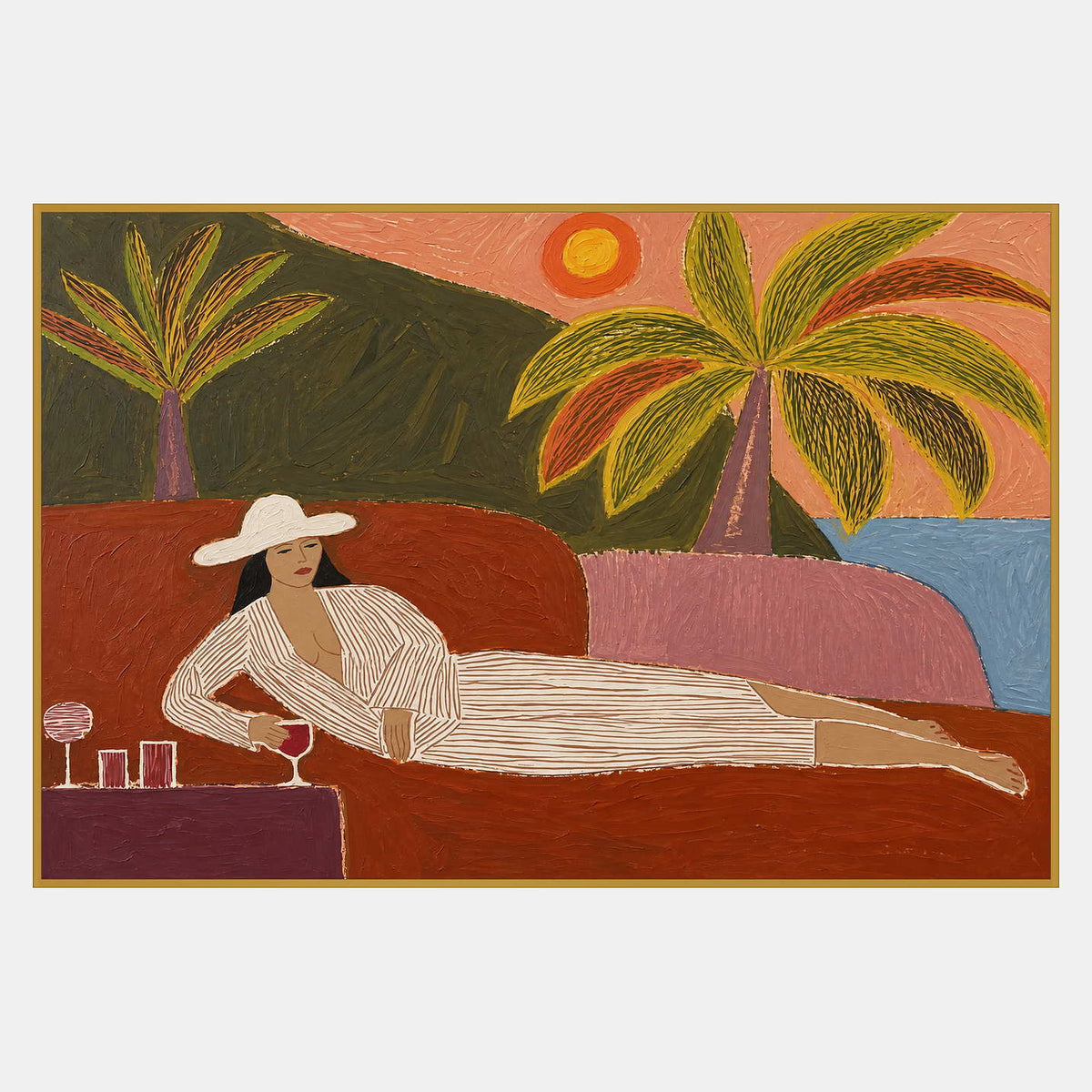 White-hatted figure in striped cream clothing reclining on a rust-red sofa, with palms, a round sun, and colorful background shapes.
