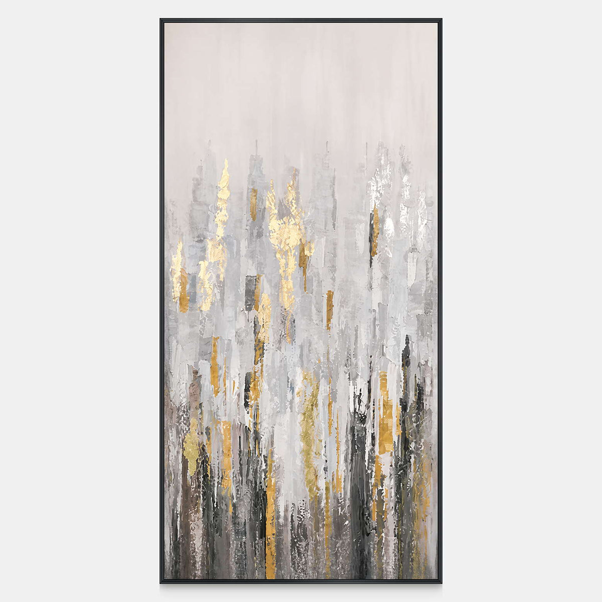 Slender gray and gold toned marks rise into open cream space in a narrow abstract.