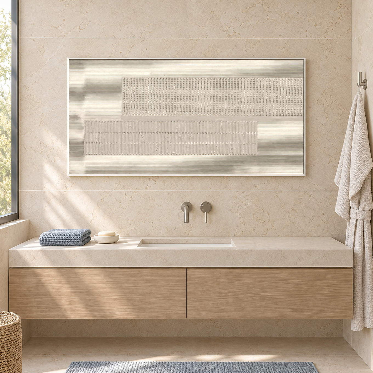 Panoramic ivory relief painting with fine grooves and geometric fields in a white frame beside a bathroom vanity.