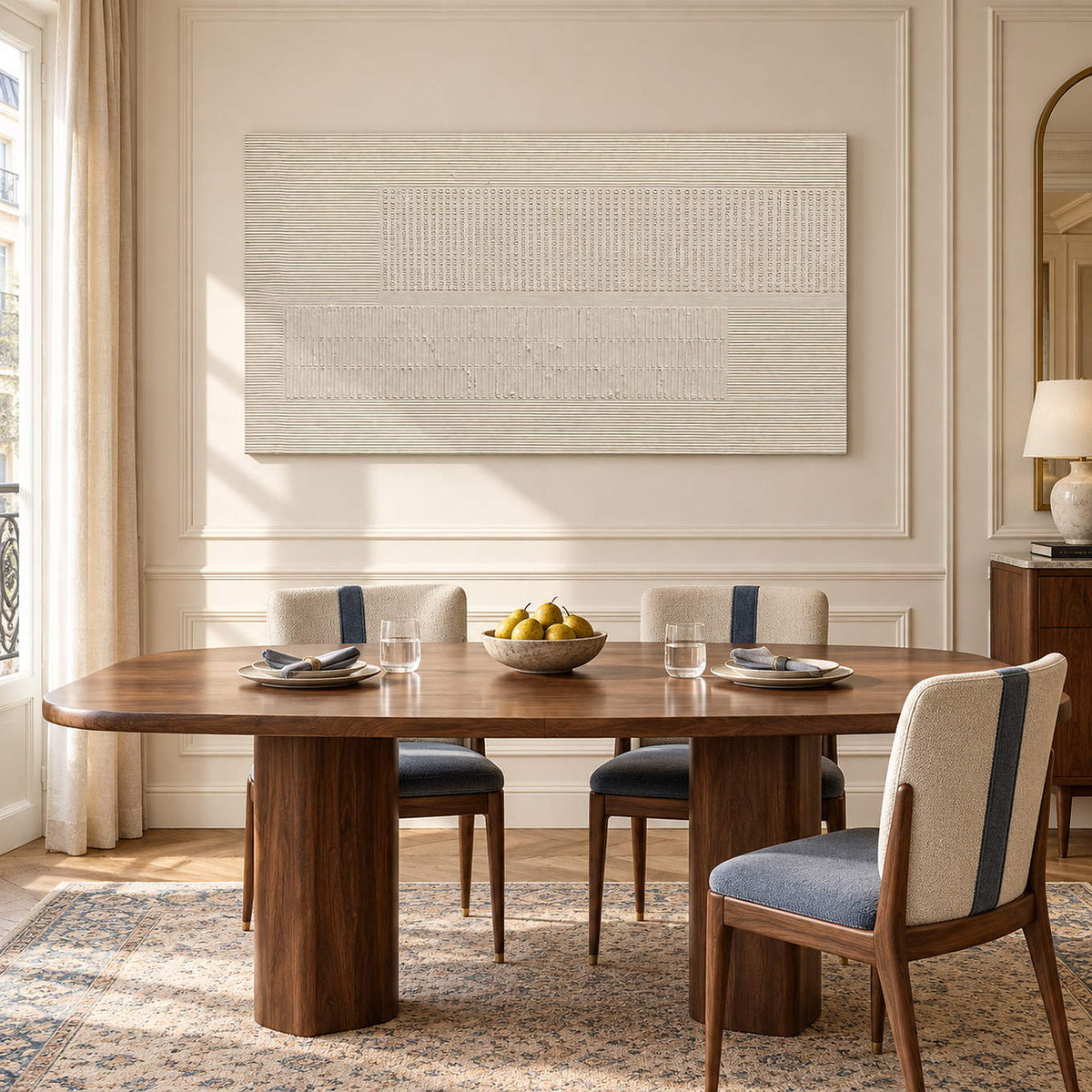 Panoramic ivory relief painting with fine grooves and geometric fields without an outer frame in a dining room.