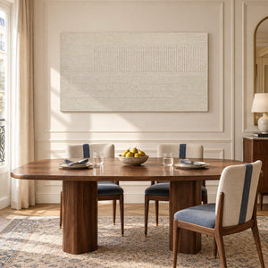 Panoramic ivory relief painting with fine grooves and geometric fields without an outer frame in a dining room.