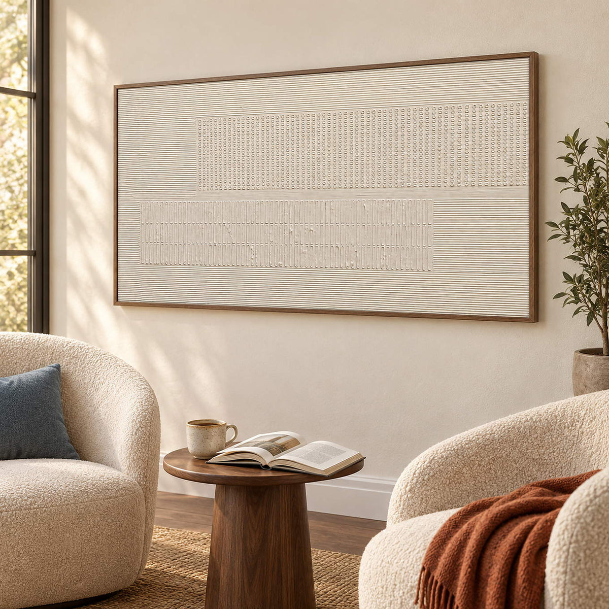 Panoramic ivory relief painting with fine grooves and geometric fields in a brown wood frame in a lounge.