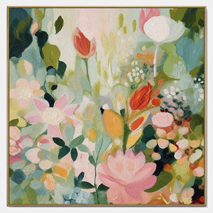 Hand-painted floral wall art with green, pink & blush, and warm tones tones.