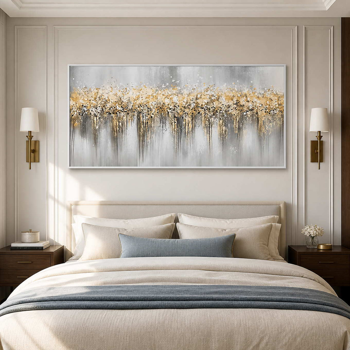 White framed panoramic abstract painting above a cream bed with blue gray accents.