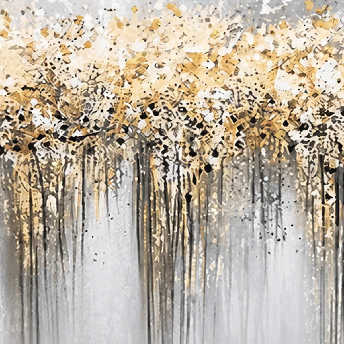 Close view of golden and white flecks with dark trails on a gray painted surface.