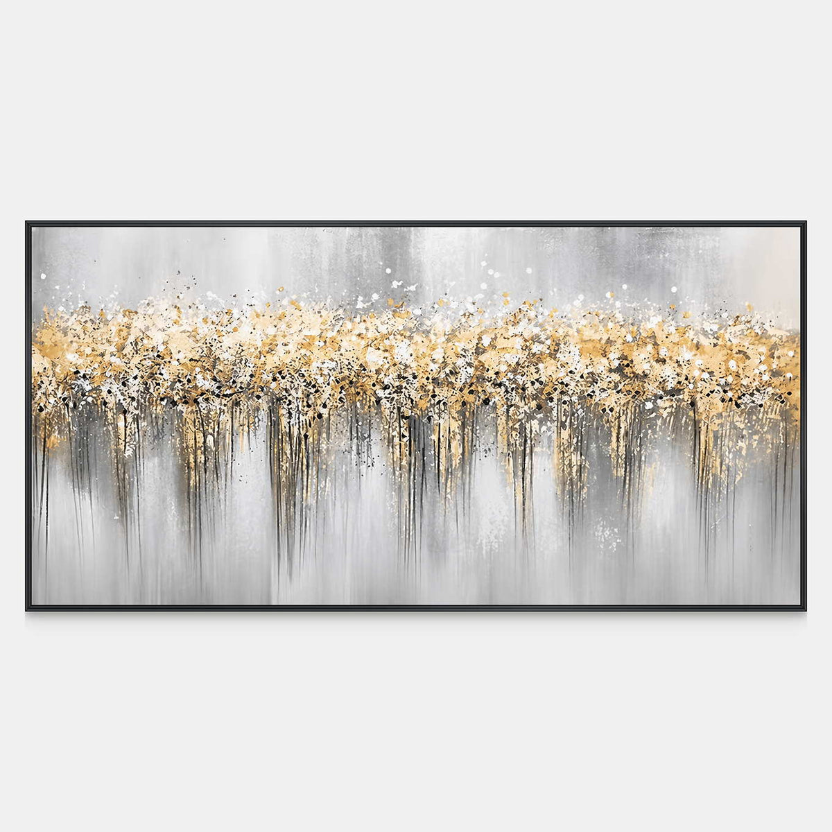 Panoramic abstract painting with golden flecks and fine dark trails across a soft gray background.