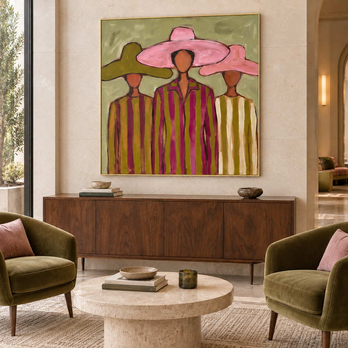A Meeting in Style in a gold frame above a wood sideboard between olive chairs with pink cushions in a lobby.