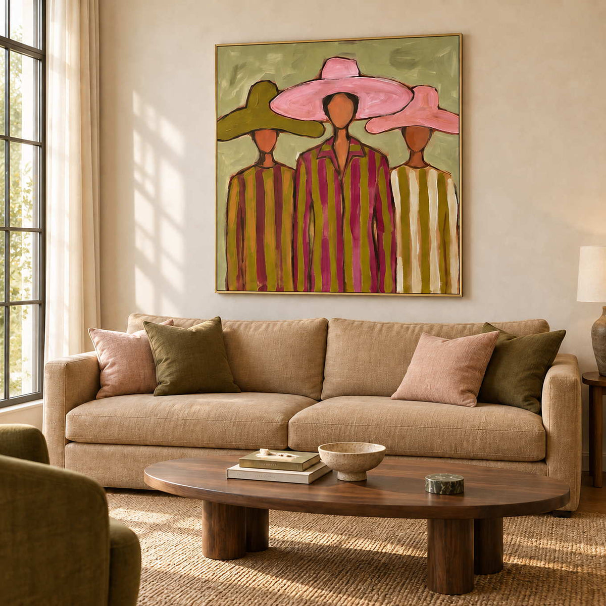 A Meeting in Style in a gold frame above a tan sofa with pink and green cushions and an oval wood table.
