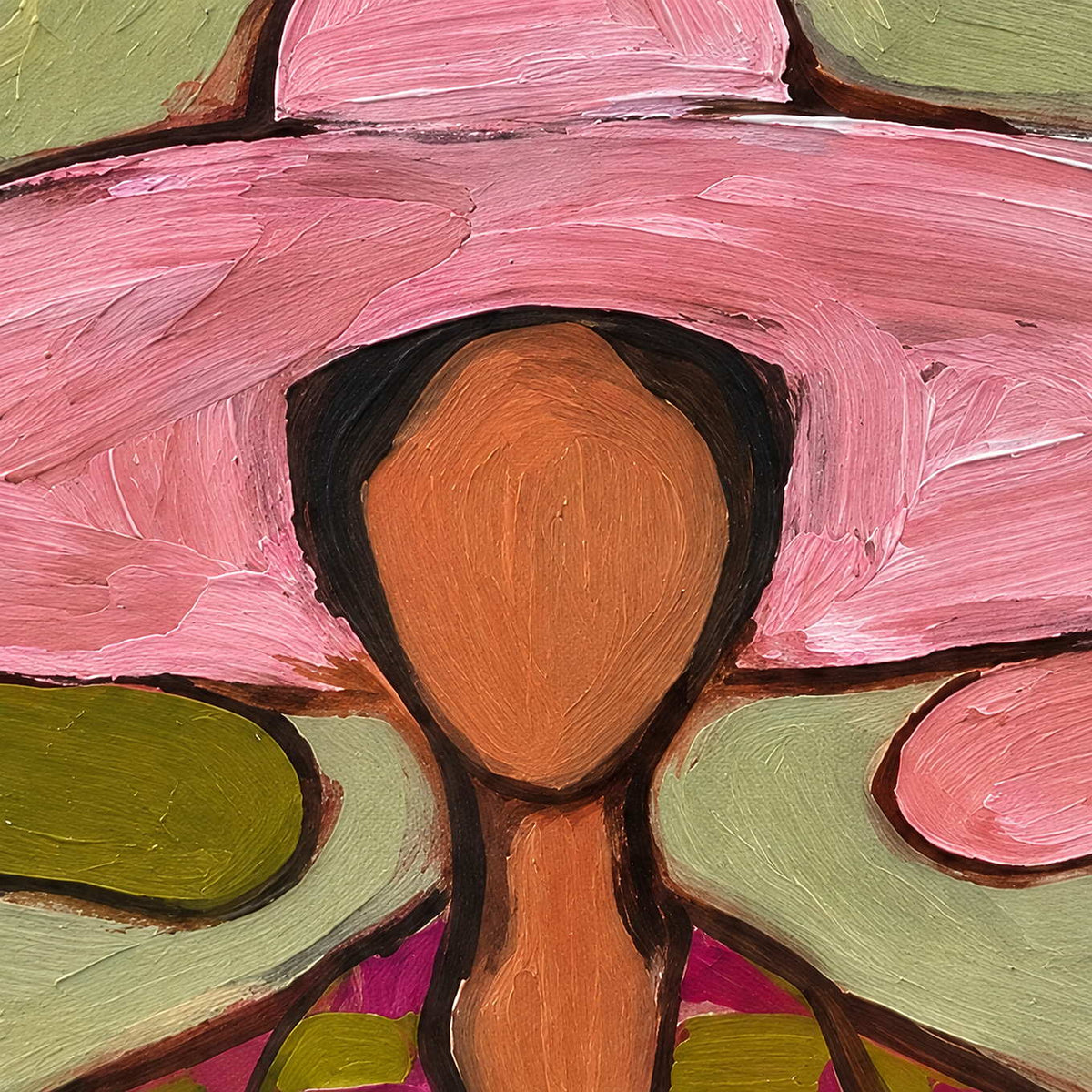 Close-up of A Meeting in Style showing broad pink hat strokes, an ochre face and dark contour lines against soft green.