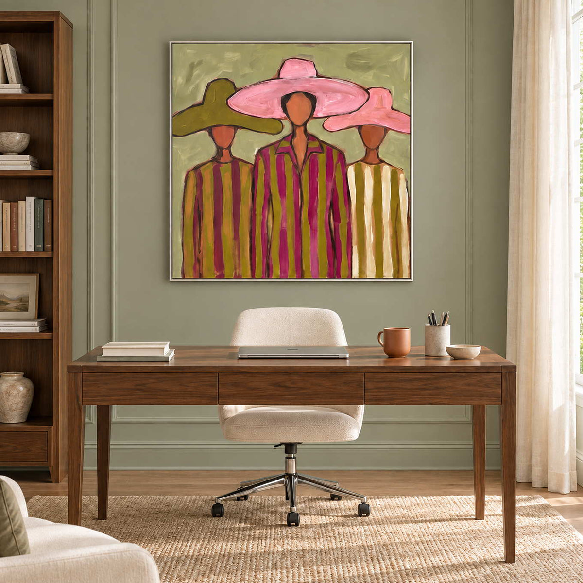 A Meeting in Style in a silver frame above a slim wood desk and cream office chair against sage paneling.