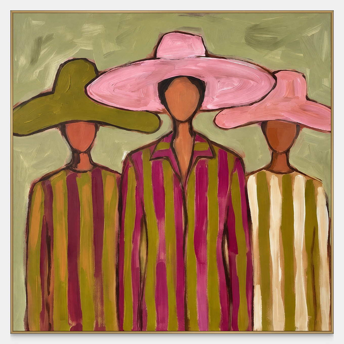 Front view of A Meeting in Style, three figures with oversized pink and olive hats and striped outfits against a muted green background.