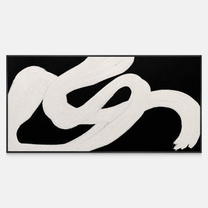 Panoramic abstract painting with broad ridged white strokes looping across a black background.