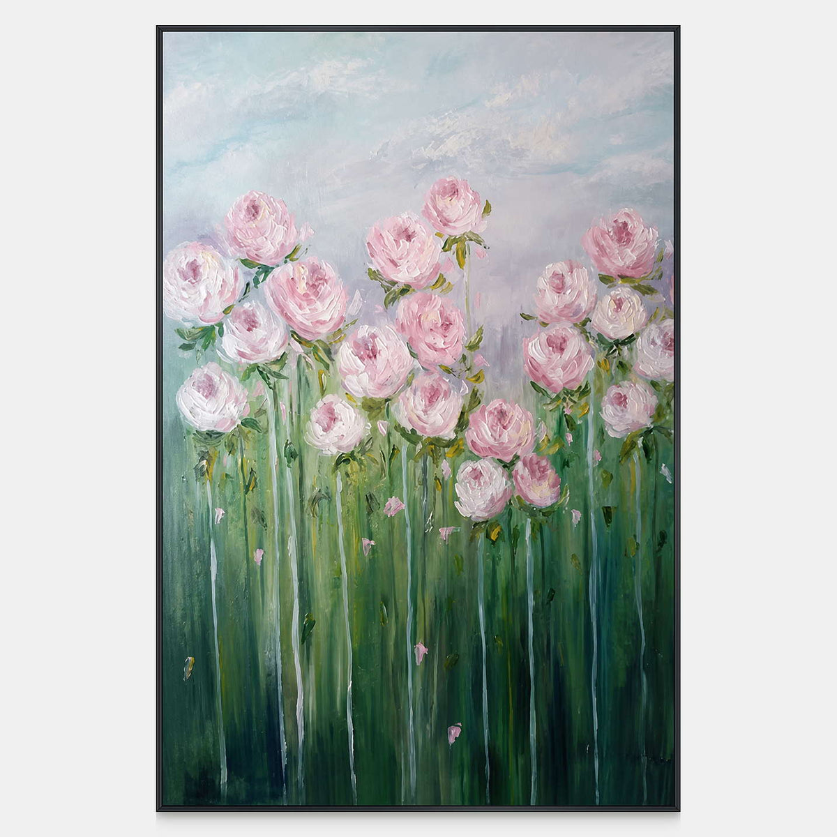 Pink flowers rise on long green stems beneath a softly brushed pale blue sky.