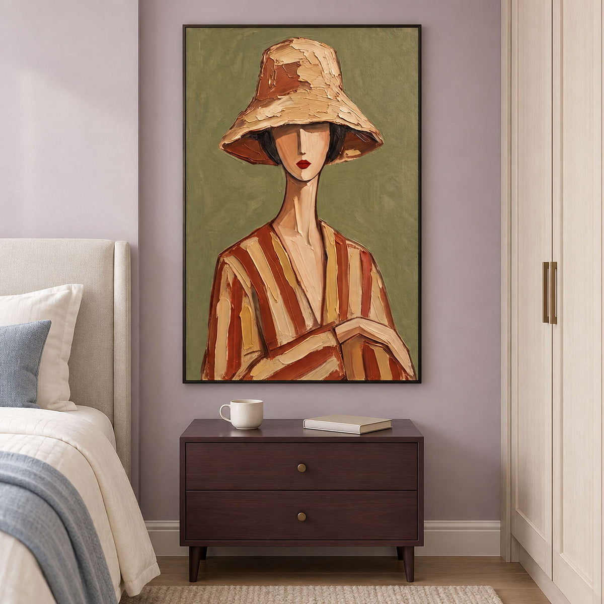 Resting-hand portrait over a burgundy bedside chest on a lavender wall.
