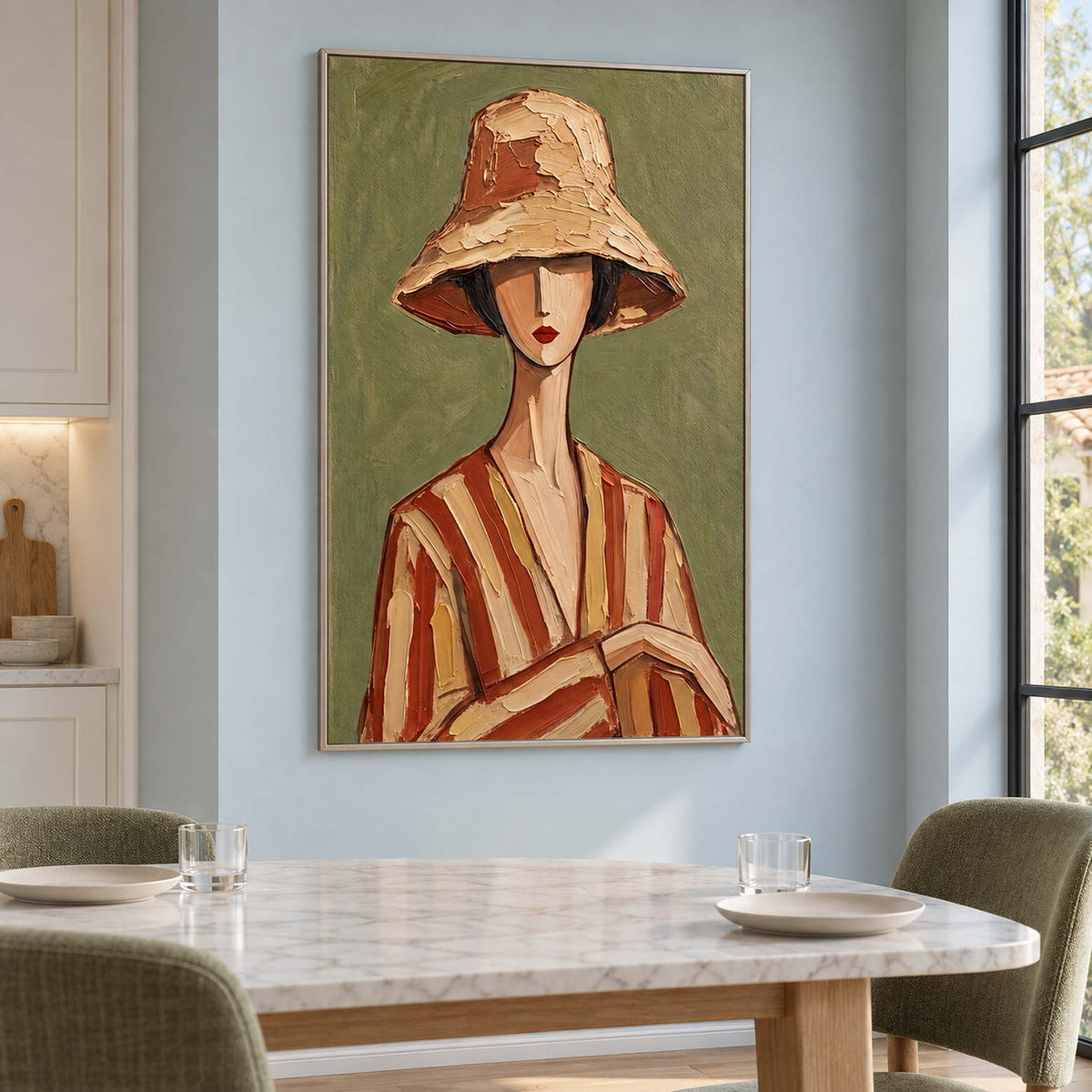 Olive-background portrait behind a pale rectangular dining table and green chairs.