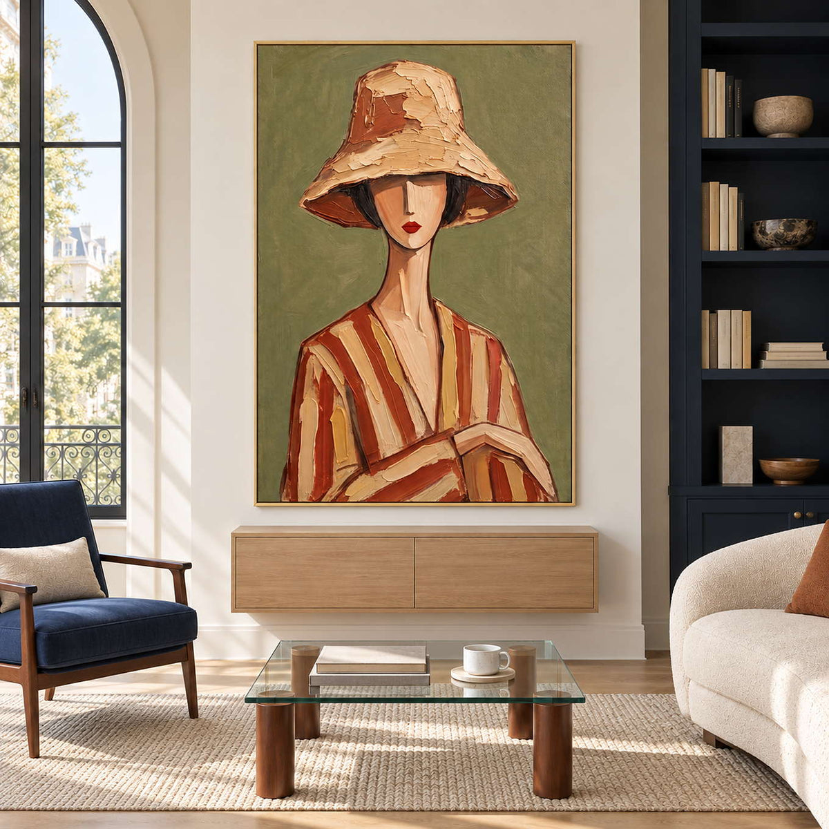 Bell-hat portrait above a floating wooden cabinet near a glass-topped coffee table.