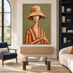 Bell-hat portrait above a floating wooden cabinet near a glass-topped coffee table.