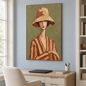 Bell-shaped hat artwork above a light desk with a cream chair beside white shelves.