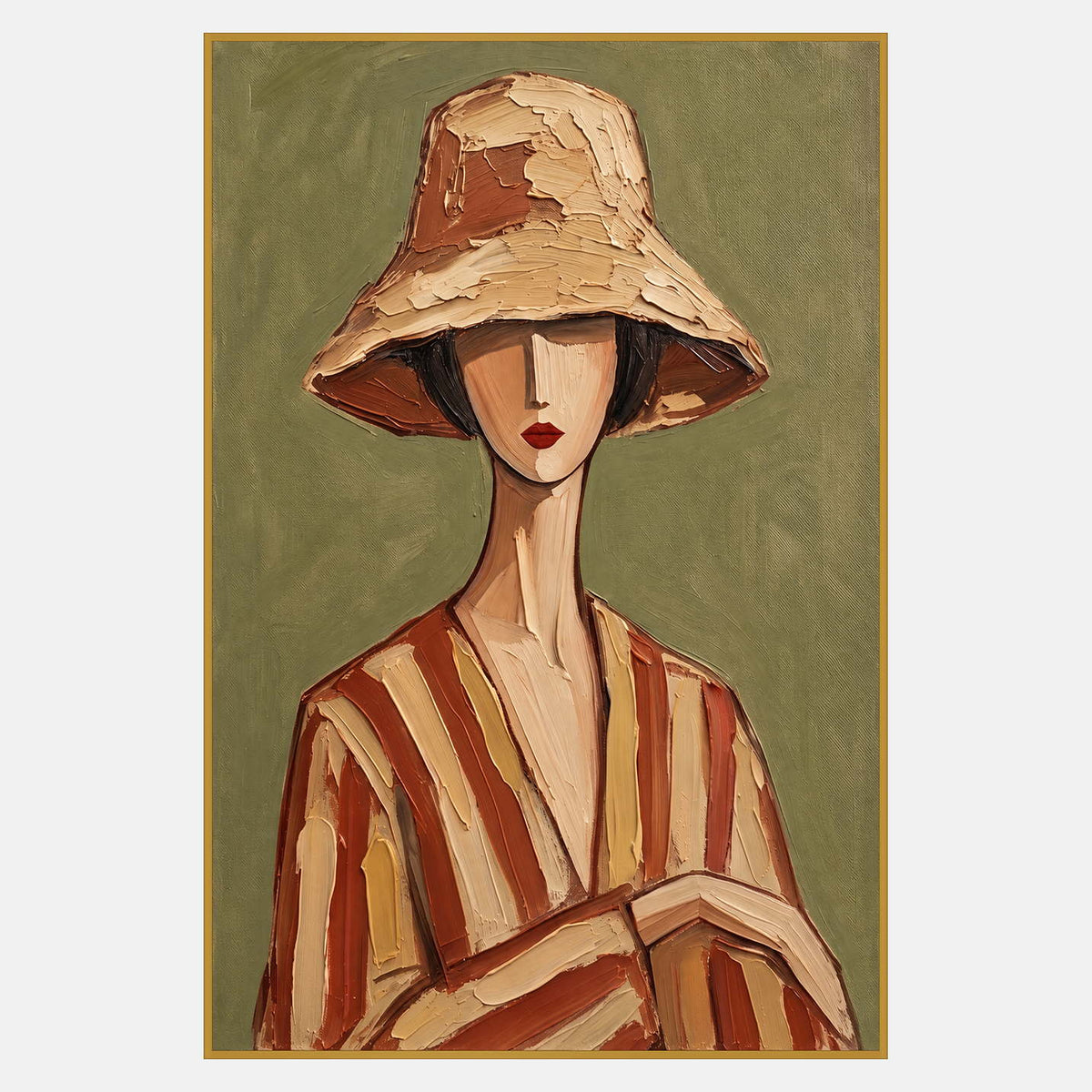 Front-facing figure in a pale bell-shaped hat with red lips and a hand resting over rust-and-cream striped clothing.