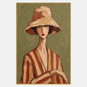 Front-facing figure in a pale bell-shaped hat with red lips and a hand resting over rust-and-cream striped clothing.
