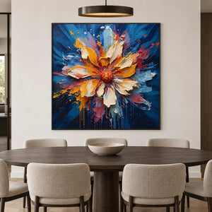 Blue and golden floral artwork above a dark oval dining table beneath a circular pendant.