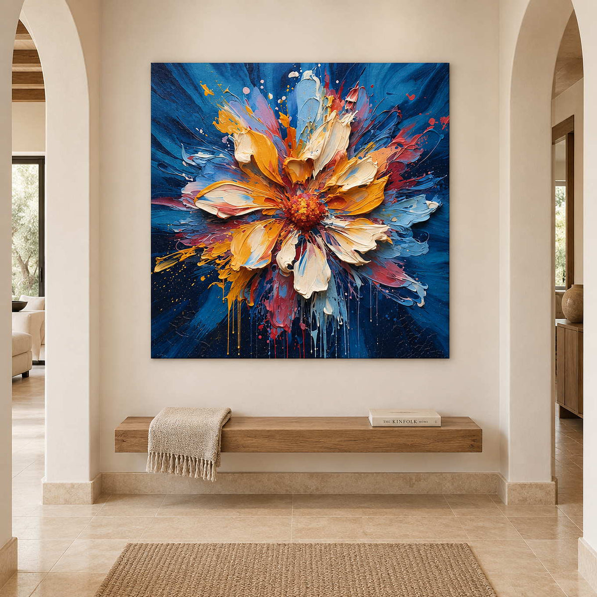 Bright central flower painting above a floating wood bench between arched doorways.