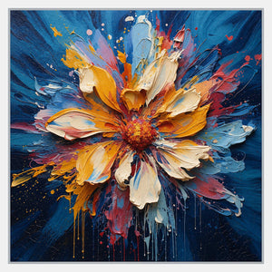 A large cream and golden-yellow flower with a red-orange center, pink splashes, and pale blue petals on deep blue.
