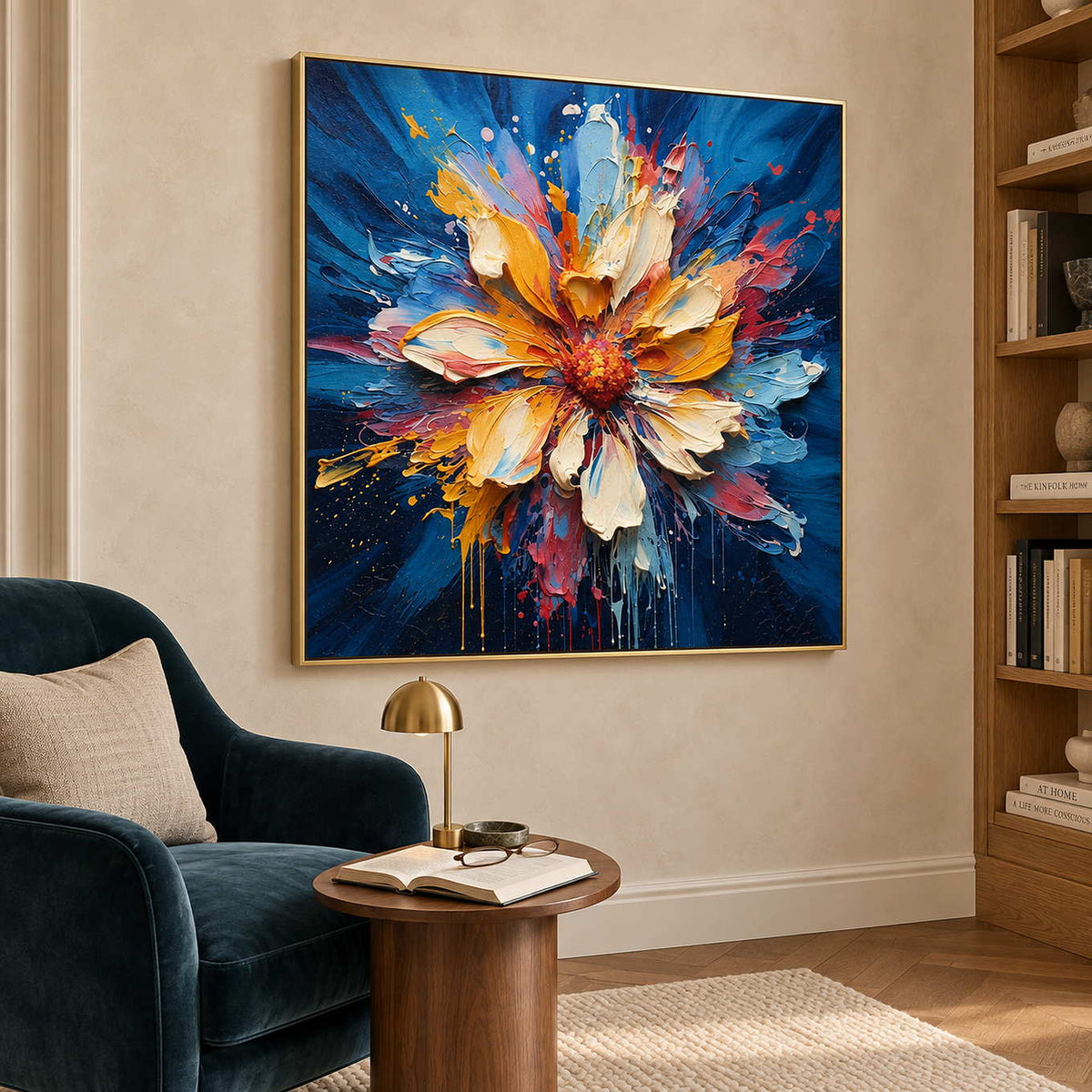 Golden and cream flower artwork beside a deep teal reading chair and small table lamp.