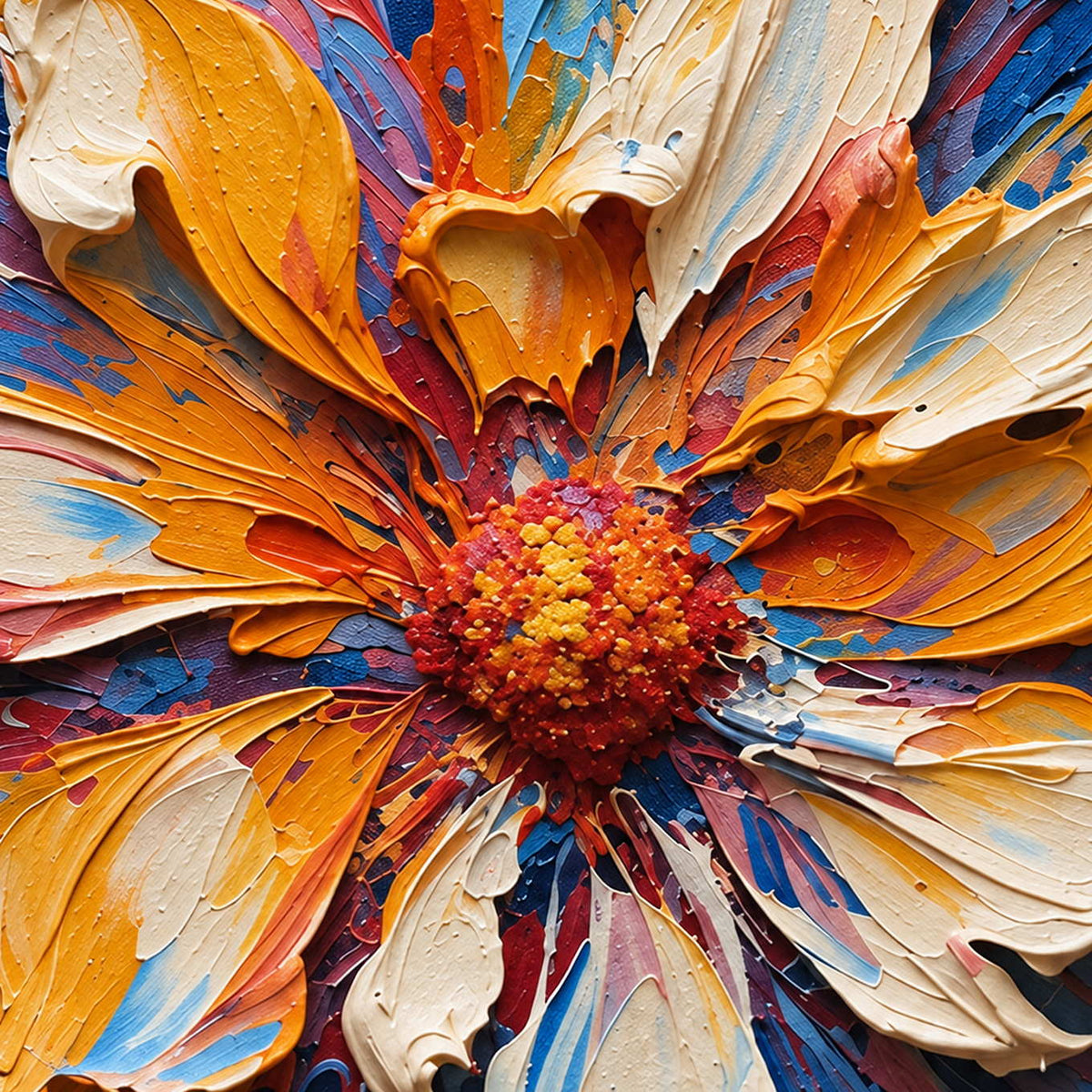 Detail of thick cream and golden petal folds around a red-orange center, with blue and pink strokes.