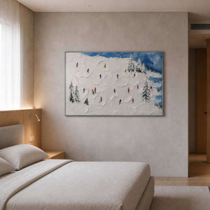 Colorful winter mountain canvas styled in a calm neutral bedroom.