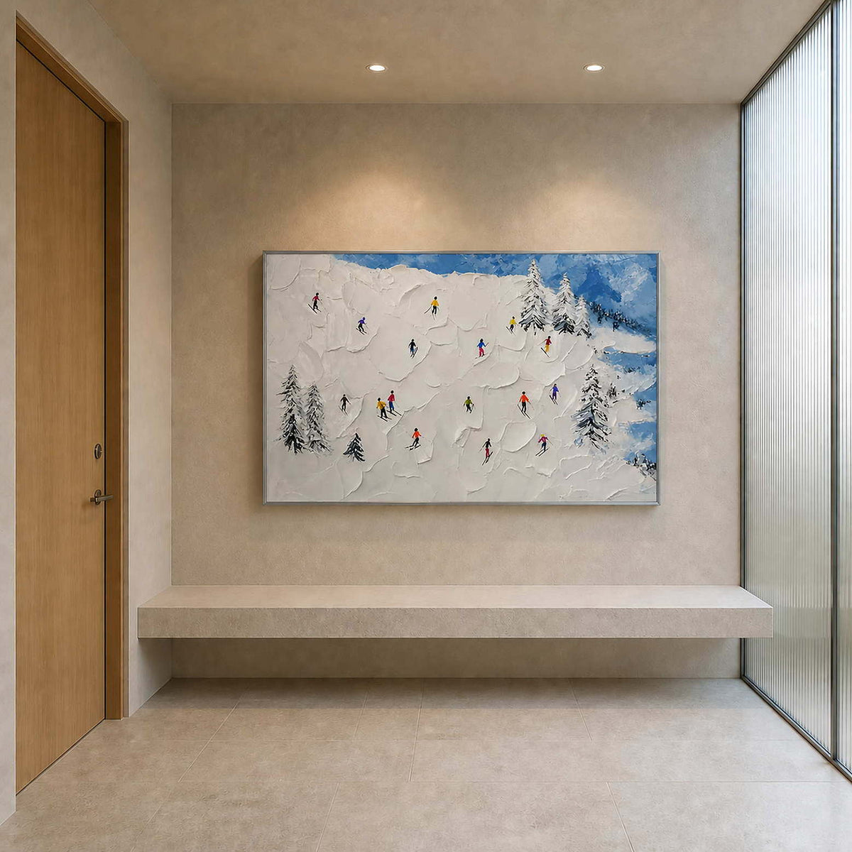 Textured alpine wall art brightening a pale limestone entryway.