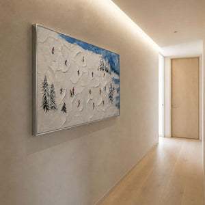 Snowy mountain artwork viewed along a warm contemporary hallway.