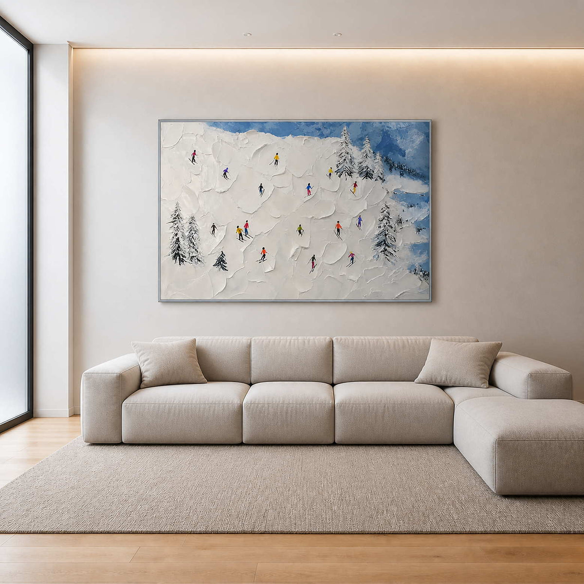 Textured skiing wall art above a warm minimalist living room sofa.