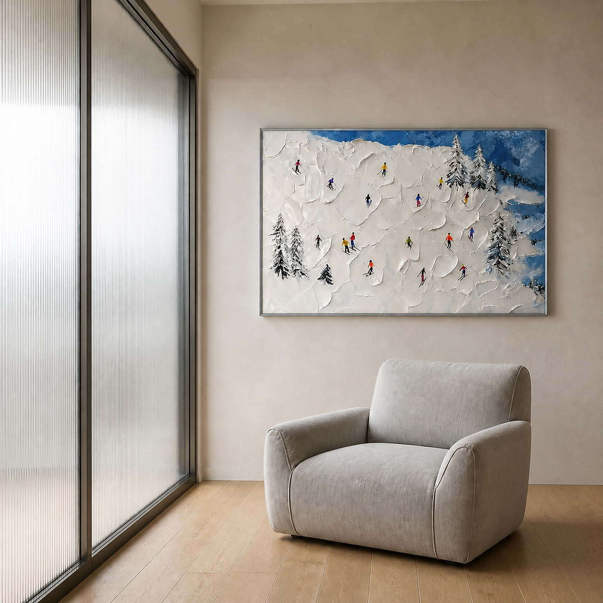 Playful skiing canvas beside a soft chair in a reading nook.
