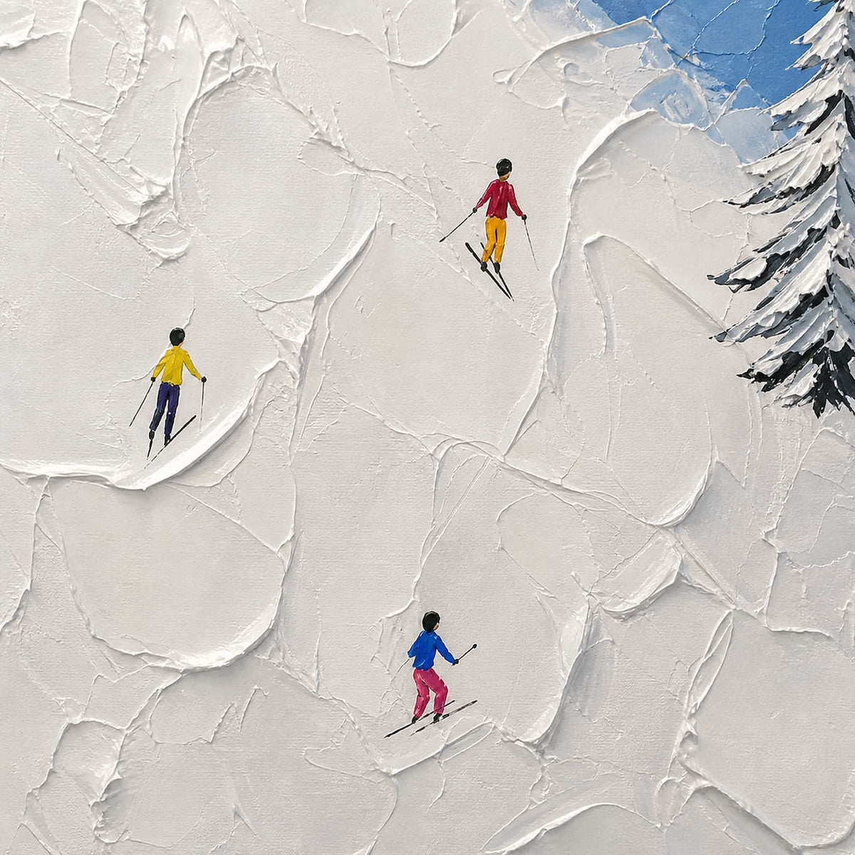 Close-up of colorful skiers crossing thick white palette-knife snow.