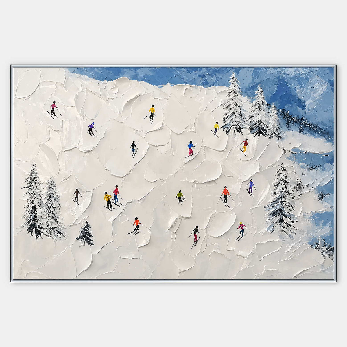Hand-painted snowy mountain canvas with colorful skiers and pine trees.