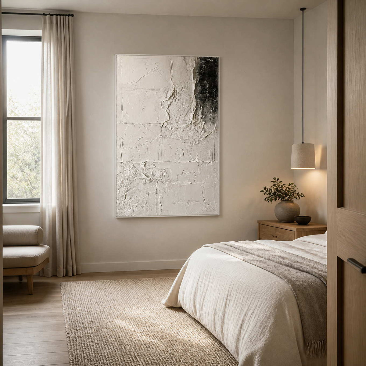 White framed ivory abstract artwork on a bedroom side wall near soft cream bedding.
