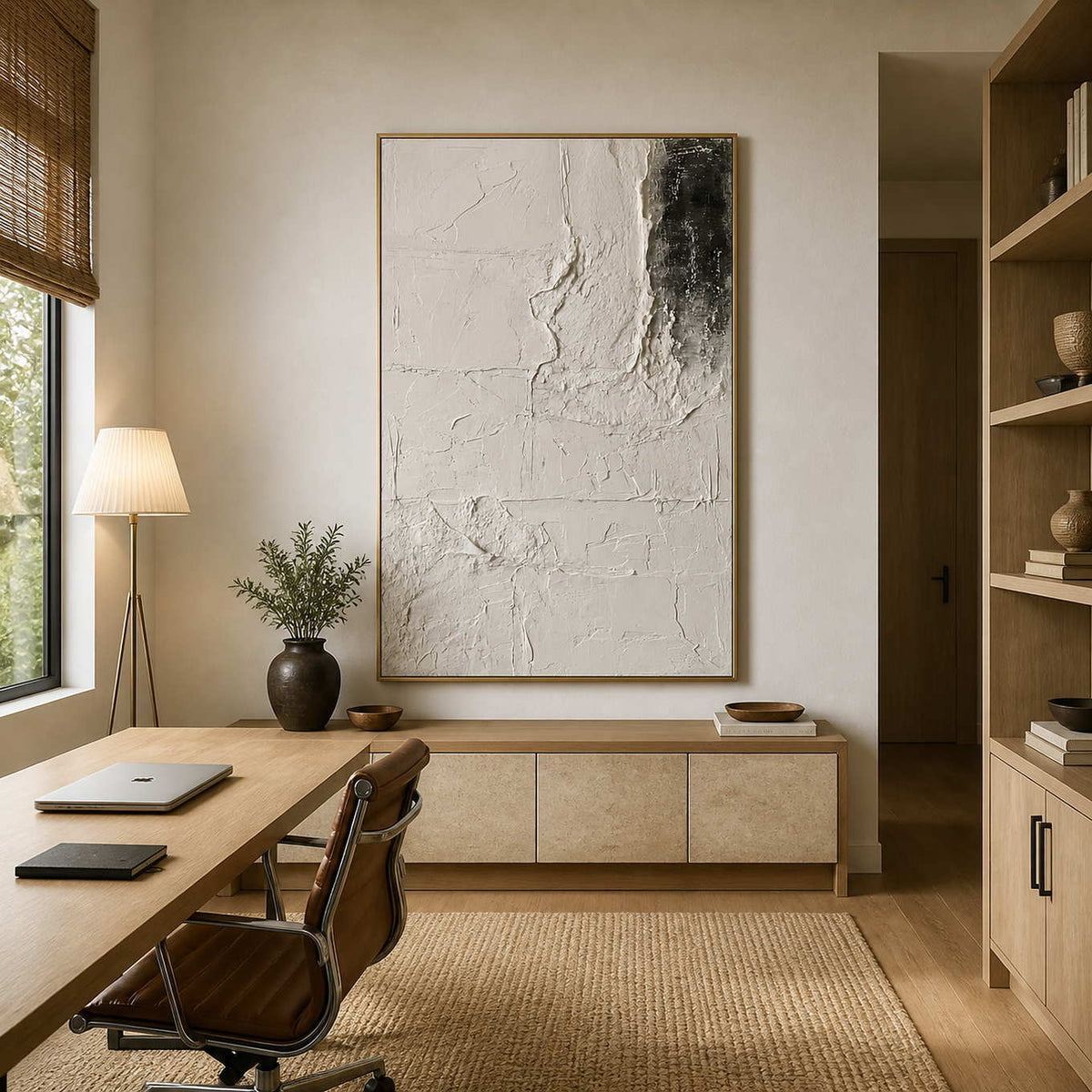 Gold framed ivory abstract artwork over low cabinetry beside a wooden desk in a study.
