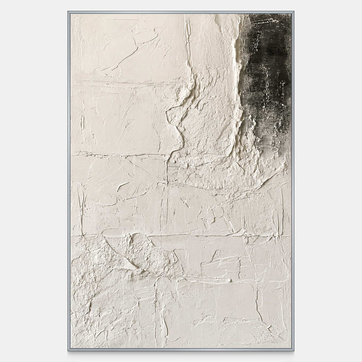 Vertical ivory abstract artwork with scraped cracks, raised folds, and a dark upper-right passage.