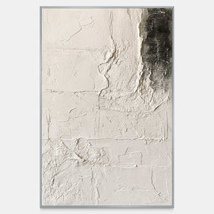 Vertical ivory abstract artwork with scraped cracks, raised folds, and a dark upper-right passage.