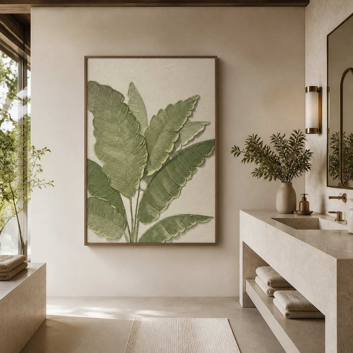 Wood-framed green leaf wall art beside a stone vanity in a serene bathroom.