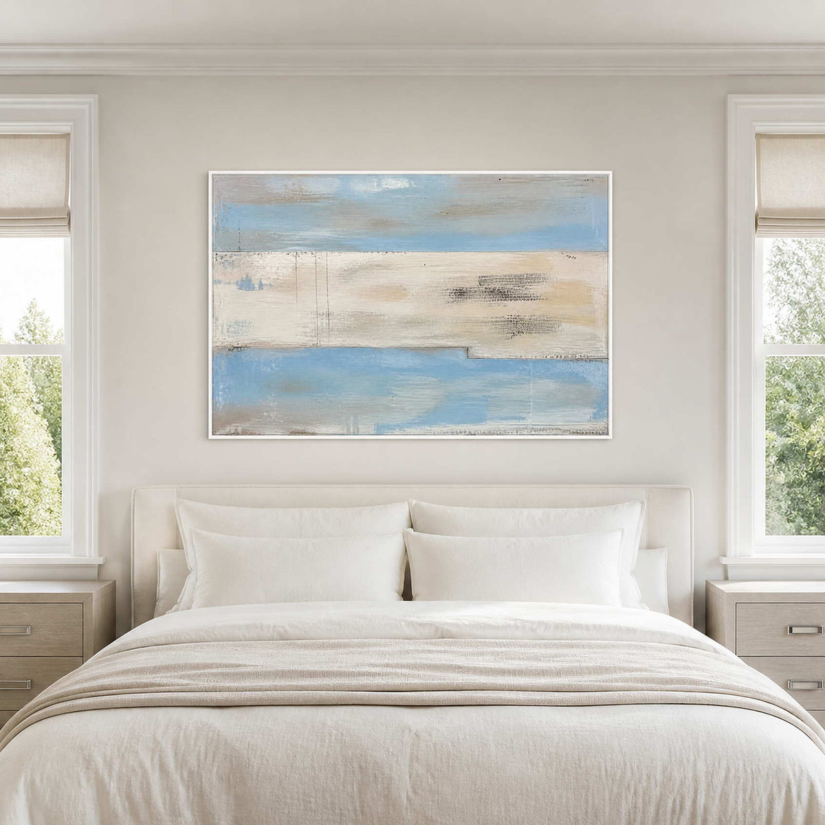 Soft coastal abstract canvas above a bright ivory bedroom.